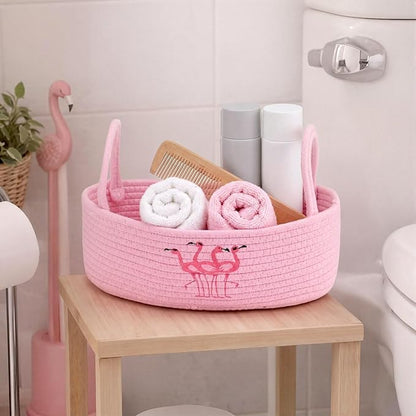 Vesici Pink Flamingo Woven Storage Basket for Toilet Tank Top Boho Cotton Rope Bathroom Countertop Organizer Basket with Handle Pink Bathroom Decor for Bedroom Nursery Toys Organizing, 13 x 6 x 4 Inch