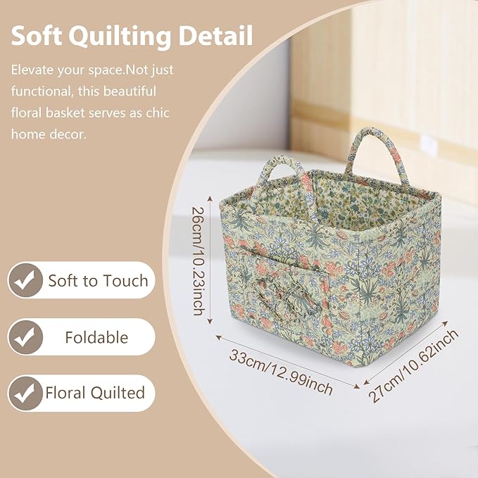 Storage Basket Boho Fabric Large Collapsible Floral Laundry Nursery Hamper Portable Folding Storage for Clothes Toys (Light Green A)