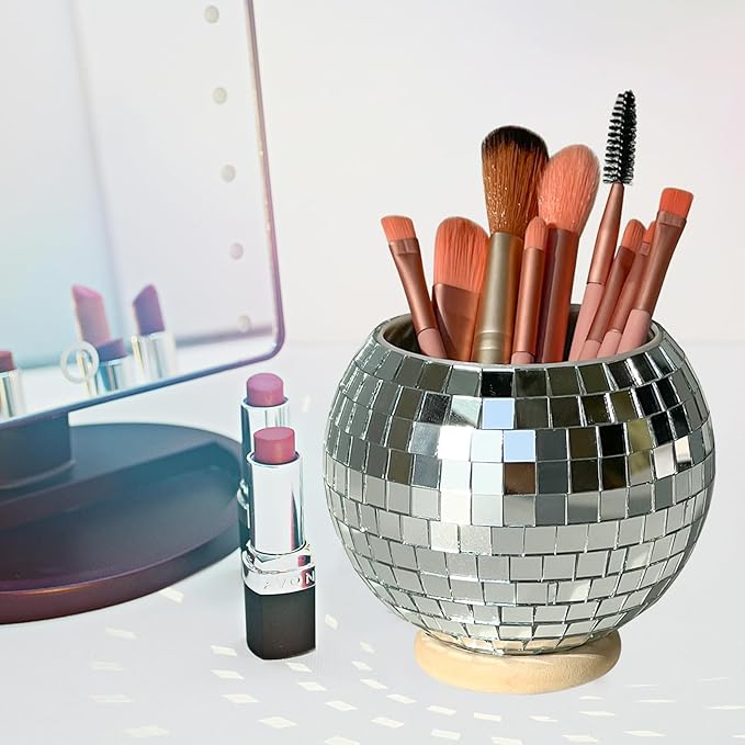 FlidRunest Disco Makeup Brush Organizer Mirror Ball Cosmetic Brush Cup, Reflects Light Unique Storage Holder for Counter, Dresser, Bedroom