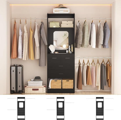 Unikito 96” W Closet Systems, Adjustable 8FT Walk in Closet Organizer Starter Kit with 25” Tower and 3 Hanging Rods, Sturdy Garment Rack with 4 Drawers and Mirror, Black