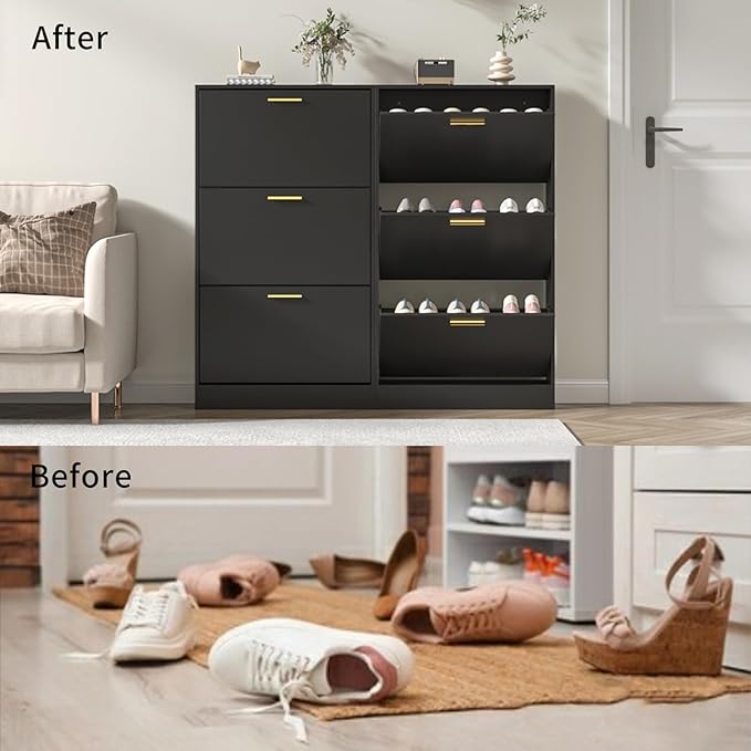 JOZZBY Shoe Storage Cabinet with 3 Flip Drawers, Freestanding Narrow Slim Shoe Organizer Cabinet Rack for Entryway, Hallway, Living Room, Black