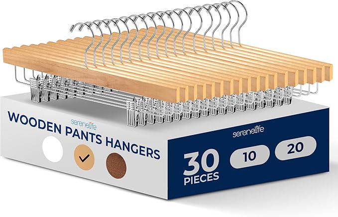 SereneLife Wooden Pants Hangers, 30-Pack Hangers with Adjustable Clips and Anti-Rust Swivel Hook, Space-Saving Pant Organizer for Closet, Ideal for Jeans, Slacks, Shorts, Trousers, Skirts (Natural)