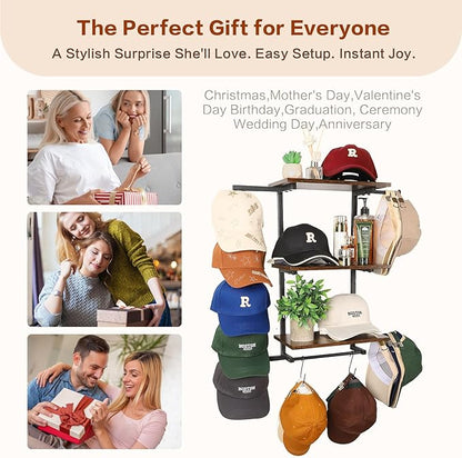 Keebofly Hat Rack for Wall with Shelf for Handbags, Purse,Bennies, Perfumes & Cosmetics Display, Hat Holder Storage for 100+ Caps, Baseball Cap Organizer & Beanie Holder for Closet, Entryway, Bedroom