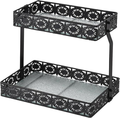 xiaojuande-Two Layer Glass Storage Tray with Portable Dressing Table Skin Care Product Organization Rack Corner Storage Rack for Bathroom Counter High-end Light - (Black)