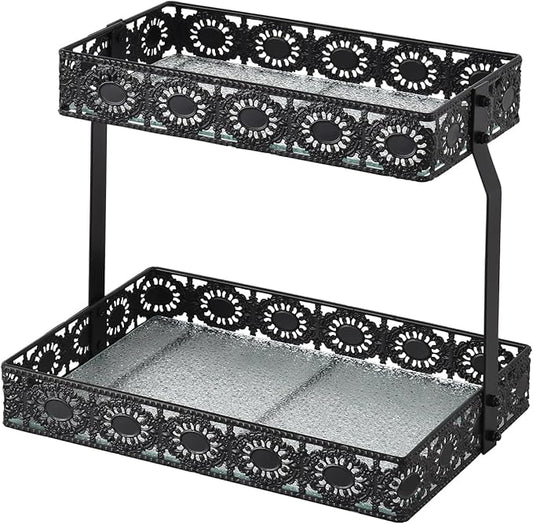 xiaojuande-Two Layer Glass Storage Tray with Portable Dressing Table Skin Care Product Organization Rack Corner Storage Rack for Bathroom Counter High-end Light - (Black)