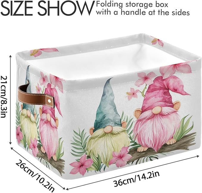 Large Storage Basket Gnomes Spring Storage Bin Cube Canvas Fabric Organizer Handles Collapsible for Clothes Toys Bedroom Decorative