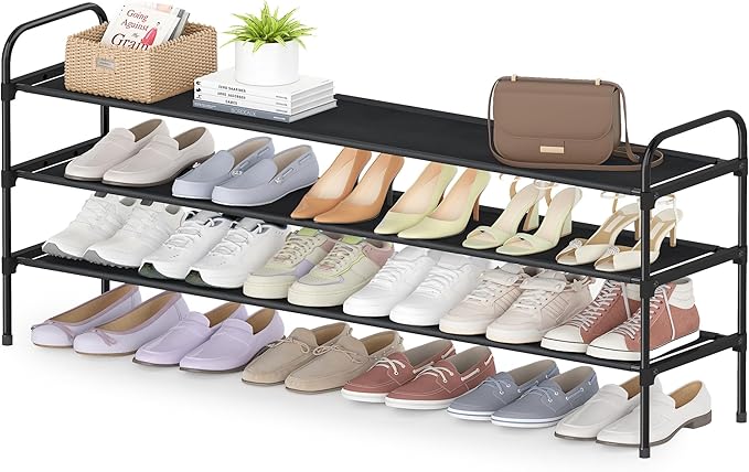 HITHIM 3 Tier Long Shoe Rack for Closet, Screw Fastened Plastic Connector Shoe Storage Organizer, Non-Woven Fabric Metal Shoe Shelf, Holds 24-28 Pairs for Entryway, Front Door Entrance, Bedroom