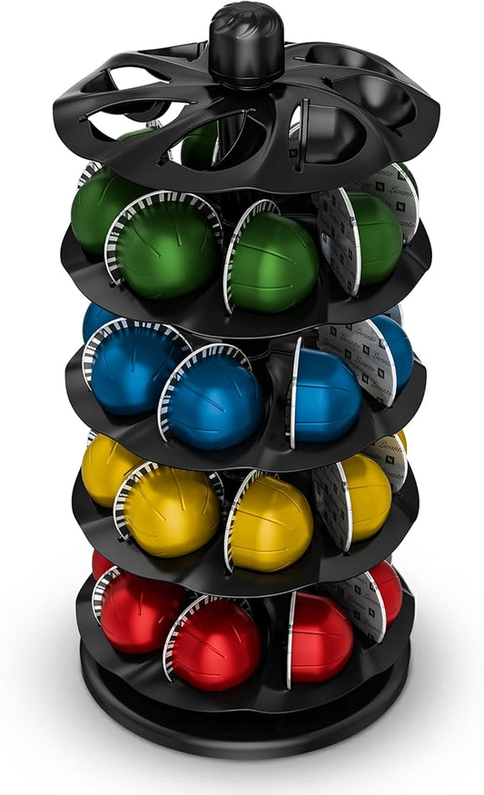 EVERIE Coffee Pod Holder for Nespresso Vertuo Capsules, 40-Pod Rotating Carousel Organizer, Space-Saving Countertop Display, Smooth Spin & Secure Upright Slots, Fits All Vertuo Sizes (Black)