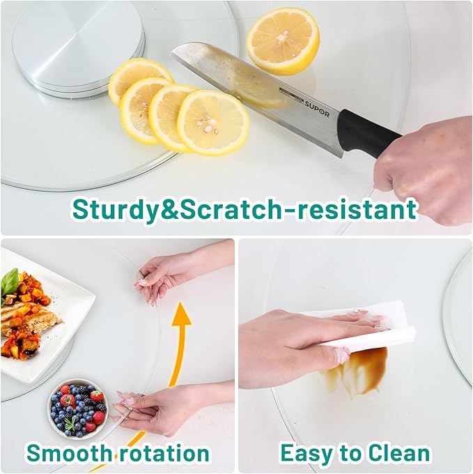 36-Inch Lazy Susan Turntable for Dining Table, 1/3" Thickness Tempered Glass, 360° Rotation, Anti-Tip Design with 6 Rotating Wheels, Perfect for Parties, Weddings, and Family Dinners (36 inch)