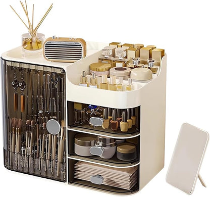 DASITON Makeup Organizer for Vanity,Large Capacity Makeup Storage Organizer with 3-Layer Drawers and Mirror,Cosmetics Display Case Make up Organizers for Vanity,Bedroom,Countertop(Black-Cream)