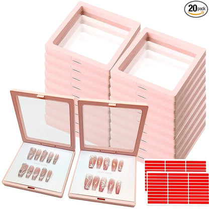 Press On Nail Packaging Boxes 3D Floating Press On Nail Storage Box Nail Display Box with 60pcs Double Sided Adhesive Nail Display Tape for Nail Tech (Pink, 4.3 inch)