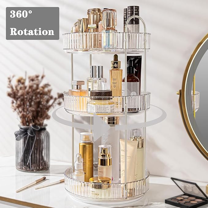 360 Rotating Makeup Organizer and Storage for Vanity Countertop 3 Tiers, High Capacity Cosmetic Skincare Perfume Organizers for Dresser Bathroom Lazy Susan