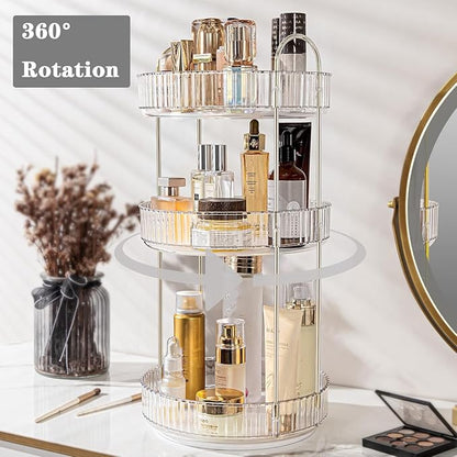 360 Rotating Makeup Organizer and Storage for Vanity Countertop 3 Tiers, High Capacity Cosmetic Skincare Perfume Organizers for Dresser Bathroom Lazy Susan
