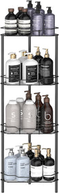 HuggieGems 4 Tier Floor Standing Corner Shower Caddy Organizer Shelf with Hooks, Bathroom Shelves Stand Rack, Matt Black