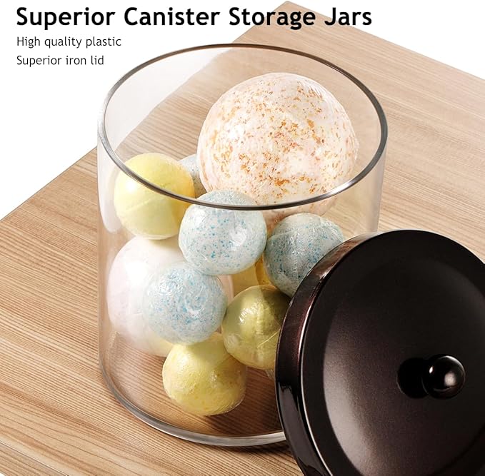 SheeChung 3-Pack Plastic Apothecary Jars with Bronze Metal Lids - Large 50oz, 25oz & 15oz Clear Acrylic Storage Set - Shatterproof Bathroom Vanity & Kitchen Organizer - Modern Farmhouse Rustic Decor
