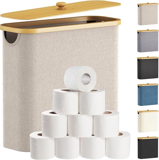 Lifewit Toilet Paper Storage Holder for 12 to 16 Rolls, Free Standing Toilet Paper Basket Stand with Bamboo Lid, Collapsible Fabric Bathroom Organizer Box for Mega Rolls, 30L, Extra Large, Beige