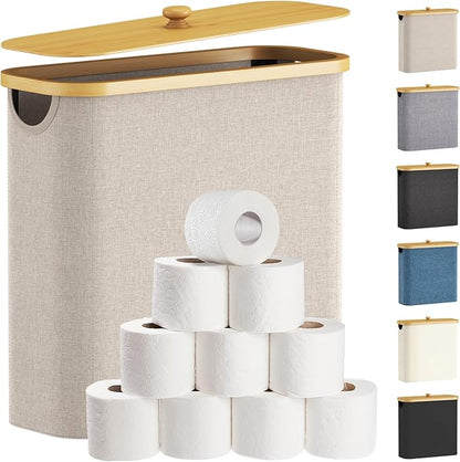 Lifewit Toilet Paper Storage Holder for 12 to 16 Rolls, Free Standing Toilet Paper Basket Stand with Bamboo Lid, Collapsible Fabric Bathroom Organizer Box for Mega Rolls, 30L, Extra Large, Beige