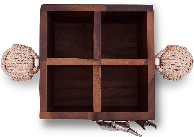 Vagabond House Caddy Square Acacia Wood Flatware/Serve ware/Utensil/Carry-All Holder with Solid Pewter Crab Accent and Real Rope Handles, 4 Compartments 11 inch x 8 inch