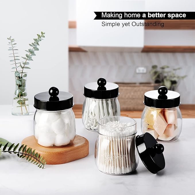 Farmhouse Decor Apothecary Jar Set, Mason Jar Bathroom Vanity Storage Organizer Canister-Qtip Holder Plastic Acrylic Jar for Cotton Swab, Cotton Pad, Floss Pick, Paper Clip, Hair Clips (4 Pack, Black)
