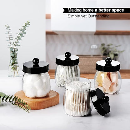Farmhouse Decor Apothecary Jar Set, Mason Jar Bathroom Vanity Storage Organizer Canister-Qtip Holder Plastic Acrylic Jar for Cotton Swab, Cotton Pad, Floss Pick, Paper Clip, Hair Clips (4 Pack, Black)