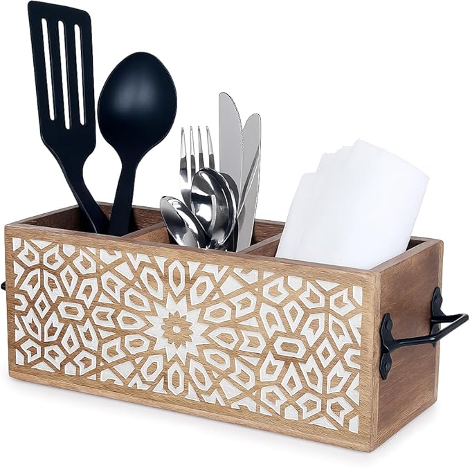 Wooden Utensil Caddy for Kitchen Countertop 3-Slot , Multi-Purpose Wooden Desk Organizer Work Desk, Bathroom, Cutlery Caddy, Office Supplies Organizer – 11 X 4.5 Inches