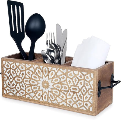Wooden Utensil Caddy for Kitchen Countertop 3-Slot , Multi-Purpose Wooden Desk Organizer Work Desk, Bathroom, Cutlery Caddy, Office Supplies Organizer – 11 X 4.5 Inches