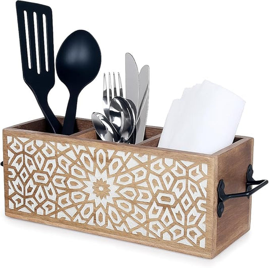 Wooden Utensil Caddy for Kitchen Countertop 3-Slot , Multi-Purpose Wooden Desk Organizer Work Desk, Bathroom, Cutlery Caddy, Office Supplies Organizer – 11 X 4.5 Inches