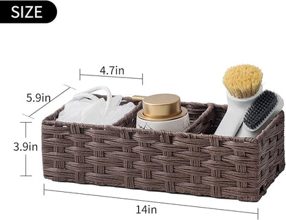 Toilet Tank Topper Paper Basket Multiuse Hand Woven Plastic Wicker Basket Bins with Divider for Shelves Rustic Farmhouse Bathroom Decor Countertop Organizer Storage