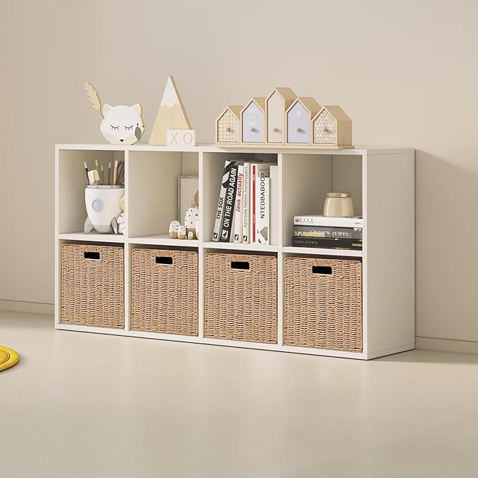 Foldable Storage Baskets with Handles Paper Rope Storage Baskets Rectangle Collapsible Hand Woven Storage Cubes Bins for Organizing Shelves Living Room Bedroom Pantry (4, 11'' x 11'' x 11'')