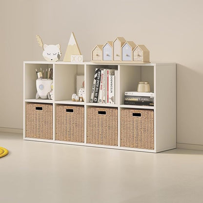 Foldable Storage Baskets with Handles Paper Rope Storage Baskets Rectangle Collapsible Hand Woven Storage Cubes Bins for Organizing Shelves Living Room Bedroom Pantry (4, 11'' x 11'' x 11'')