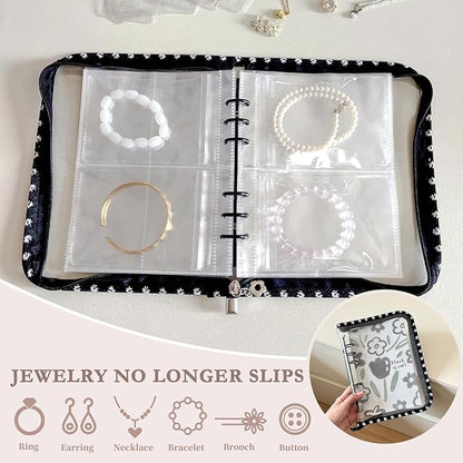 Jewelry Organizer Travel,Jewelry Storage Book with 45 Portable thick PVC pouches,Jewelry Organizer Zipper Bags for Necklaces Bracelet Rings and Earrings (front cover removable),Black