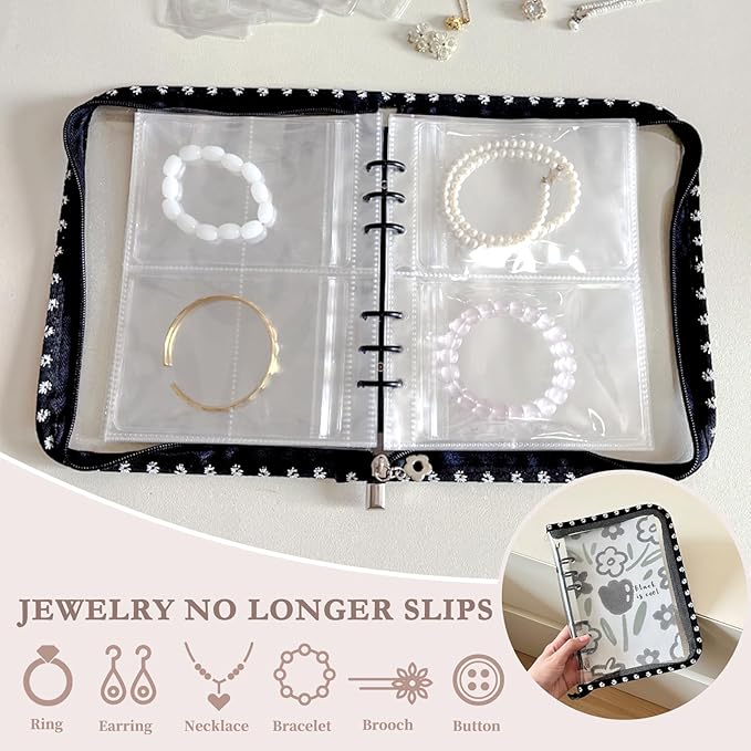 Jewelry Organizer Travel,Jewelry Storage Book with 80 Small PVC pouches,Portable Jewelry Organizer Zipper Bags for Necklaces Bracelet Rings and Earrings (front cover removable),Black