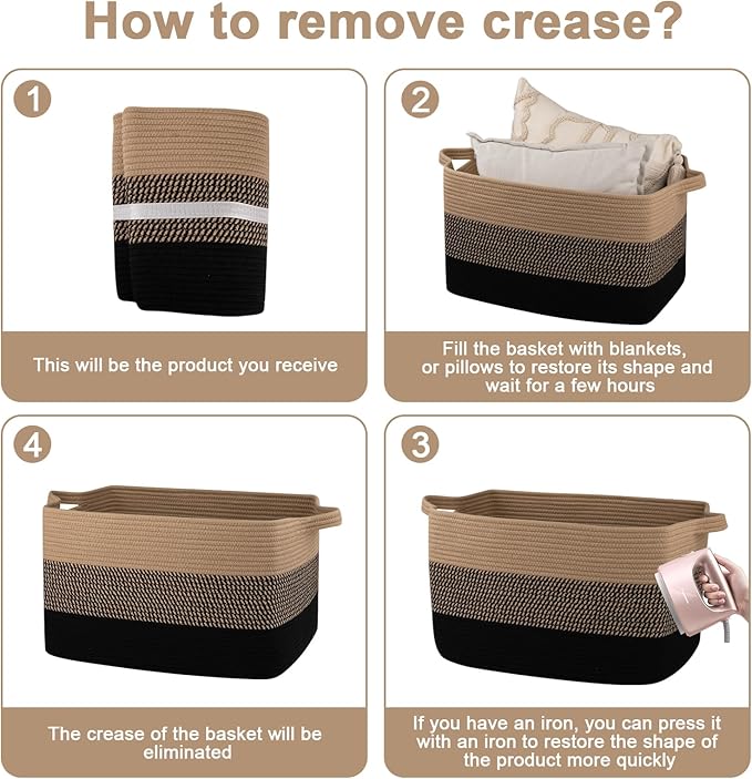OIAHOMY Large Blanket Basket, 65L Cotton Rope Woven Laundry Basket, Toy Bin for Baby Room, Container for Blanket Storage in Living Room, 20''×16''×12'', Brown & Black