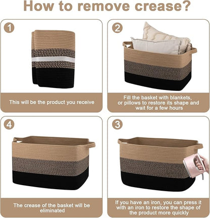 OIAHOMY Large Blanket Basket, 65L Cotton Rope Woven Laundry Basket, Toy Bin for Baby Room, Container for Blanket Storage in Living Room, 20''×16''×12'', Brown & Black