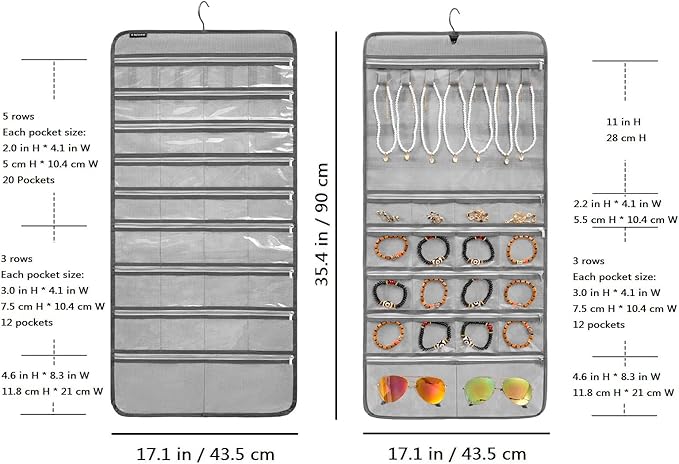 Hanging Jewelry Organizer for Holding Earrings Bracelets Rings Dual-Sided Necklace Holder with 52 Zippered Pockets and 7 Dustproof Hook Loops (GREY)