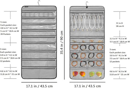 Hanging Jewelry Organizer for Holding Earrings Bracelets Rings Dual-Sided Necklace Holder with 52 Zippered Pockets and 7 Dustproof Hook Loops (GREY)