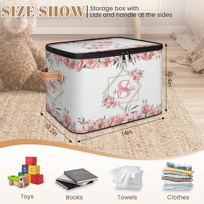 Custom Initials Storage Bins with Lid, Foldable Personalized Storage Basket Boxes with Handle Pink Flower Shelf Basket Closet Organizer Cube