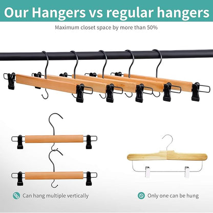 Premium Wooden Pants Hangers 10 Pack, Skirt Hangers with Two Sure Grip Clips, Noise Canceling Swivel Hook (Clear Natural)