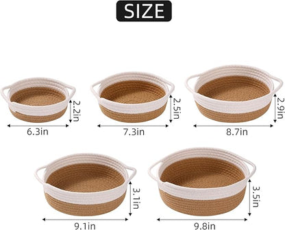 Small Storage Woven Baskets Shelves Natural Cotton Rope Bins with Handle Toilet Tank Paper for Countertop Cute Gifts Organizing Mini Nursery 5 Set box (White & Jute)