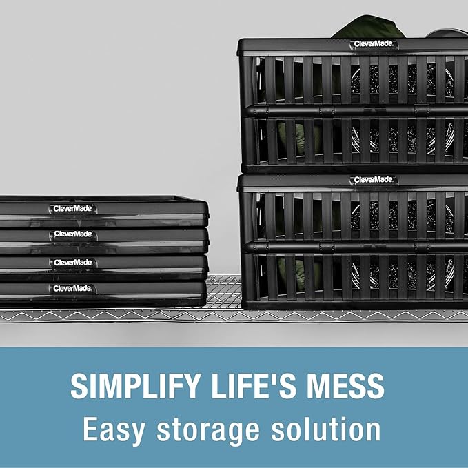 CleverMade 60L Collapsible Utility Crate (66 lb Capacity), Heavy Duty Folding Storage Crate, Stackable Plastic Organizer for Car Trunk, Garage & Groceries, 23 x 15 x 12 in, Obsidian