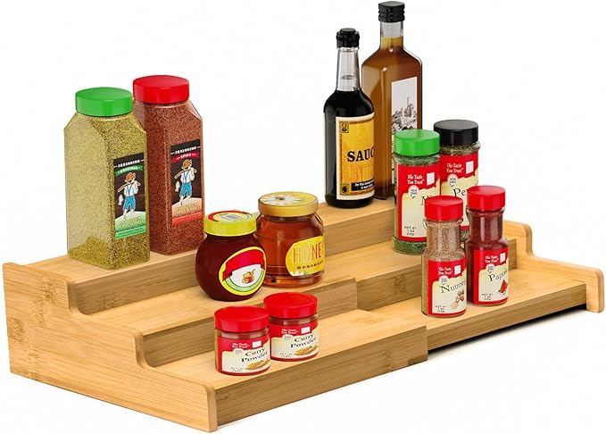 VenDotbi Spice Rack, 3-Tier Expandable Bamboo Spice Rack Organizer for Cabinet - Kitchen, Pantry and Cupboard Storage Organizer