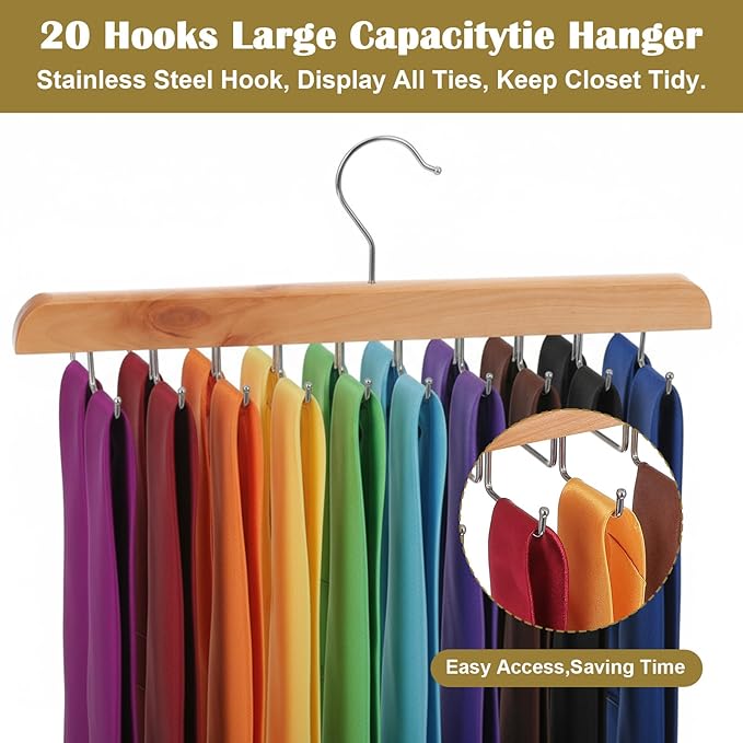 3 Pack Tie Rack Belt Hanger for Closet Fitnice Upgraded Non Slip Tie Hanger Space Saving with 20 Foldable Hooks Wooden Belt Organizer for Tank Tops Bras Cami Scarves