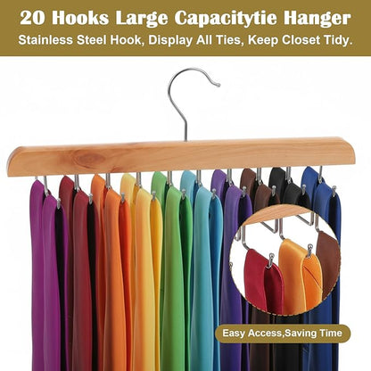 3 Pack Tie Rack Belt Hanger for Closet Fitnice Upgraded Non Slip Tie Hanger Space Saving with 20 Foldable Hooks Wooden Belt Organizer for Tank Tops Bras Cami Scarves