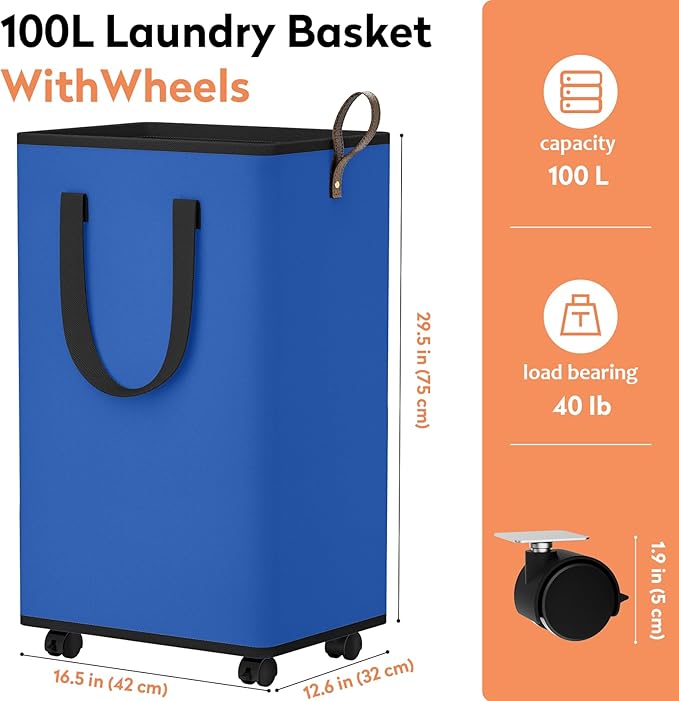 SpaceTrove Laundry Basket with Wheels, Collapsible Laundry Baskets, Laundry Hamper with Handles Detachable Wheels, Rolling Laundry Basket, Dirty Clothes Hamper for Bathroom, Dorm, Bedroom, Blue, 100L