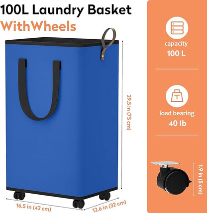 SpaceTrove Laundry Basket with Wheels, Collapsible Laundry Baskets, Laundry Hamper with Handles Detachable Wheels, Rolling Laundry Basket, Dirty Clothes Hamper for Bathroom, Dorm, Bedroom, Blue, 100L