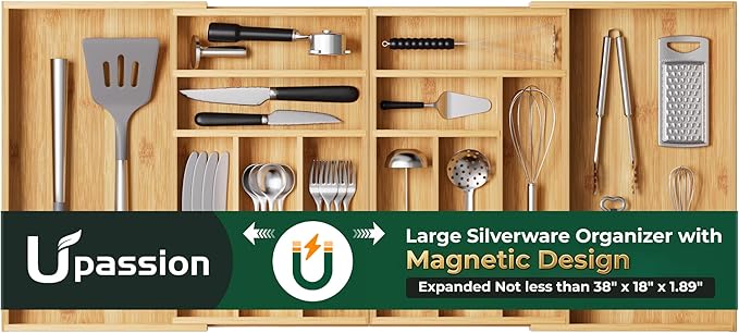Large Silverware Organizer, 12 Slots Magnetic Connected Expandable Bamboo Utensil Drawer Organizer From 21 to 37.4 Inches, Adjustable Flatware and Cutlery Holder, Utensil Tray for Kitchen Natural