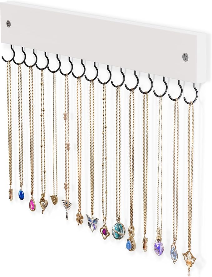 Lolalet Wooden Necklace Holder for Wall with 15 Hooks, Necklaces Hanger Easy Install Wall Mount Necklace Organizer, Jewelry Hangers for Chains, Bracelets, Earrings -White