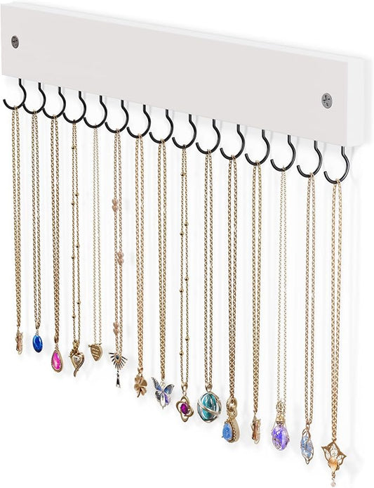 Lolalet Wooden Necklace Holder for Wall with 15 Hooks, Necklaces Hanger Easy Install Wall Mount Necklace Organizer, Jewelry Hangers for Chains, Bracelets, Earrings -White