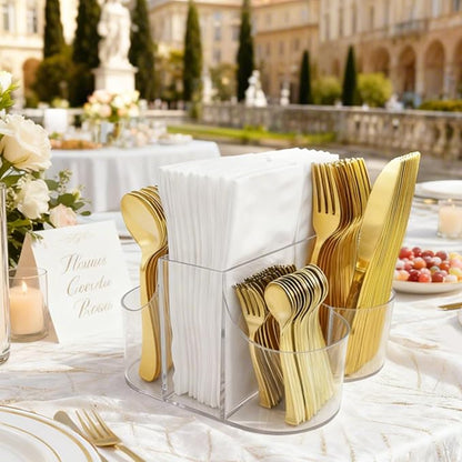 Cutlery Holder for Party - 5 Compartment Cutlery Organizer & Napkin Holder Silverware Caddy Clear with 120 Pcs Gold Plastic Spoons Disposable Forks Knives & Dinner Napkins for Party