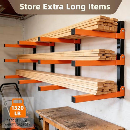 Wall Mounted Lumber Storage Rack and Wood Organizer with 6-Level Holds Up 1320 LBS, Heavy Duty Steel Shelf Brackets for Garages Workshops & Outdoor Sheds, Space Saving Metal Wall Rack